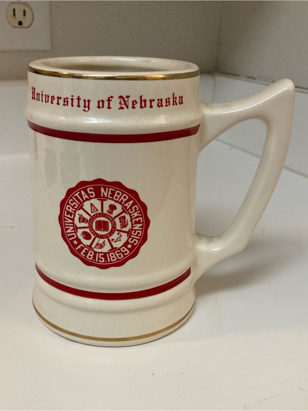 Vtg University of Nebraska Ceramic Stein Mug 6” Tall Cornhuskers